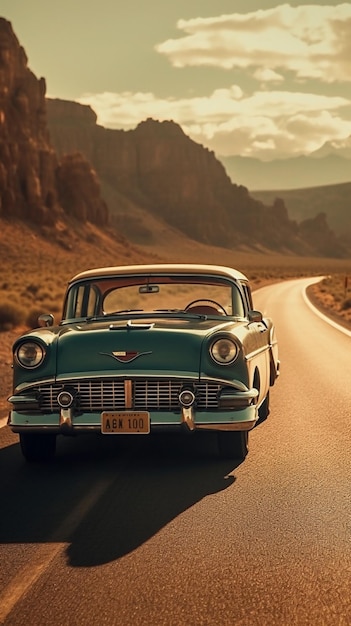 Um carro antigo está dirigindo por uma estrada rural.