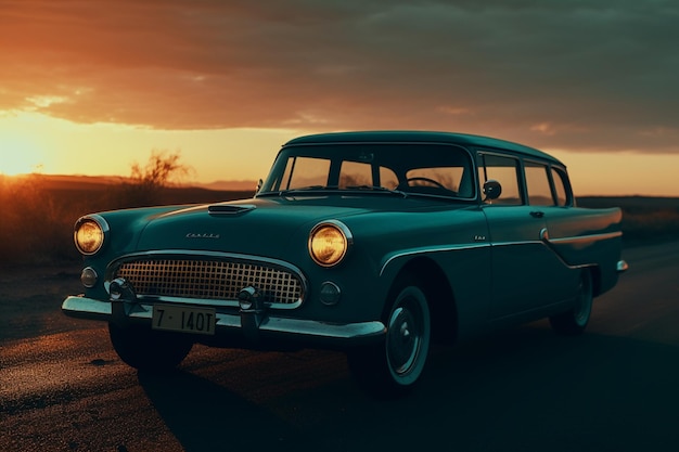 Um carro antigo está estacionado em frente a um pôr do sol.
