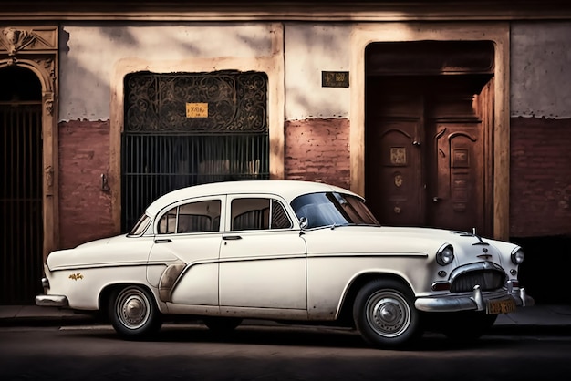 Um carro antigo está estacionado em frente a um prédio com uma placa que diz 'cuba'.