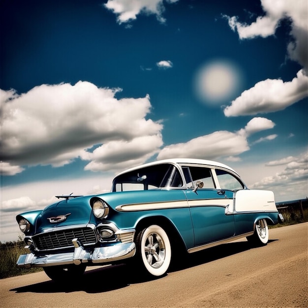 Um carro antigo está estacionado em uma estrada de terra em frente a um céu azul.