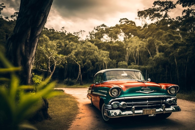 Um carro antigo está estacionado em uma estrada na selva.