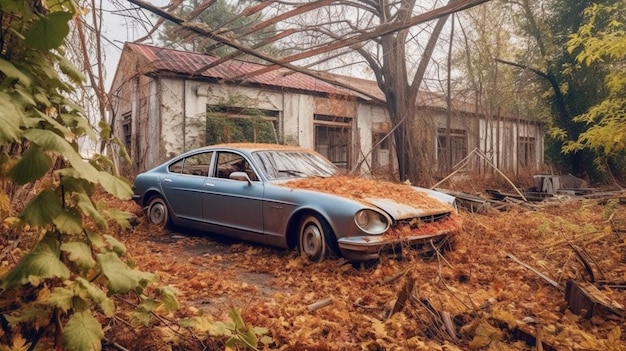 Um carro antigo está estacionado em uma garagem coberta de folhas.