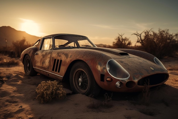 Um carro antigo no deserto com o sol se pondo atrás dele.