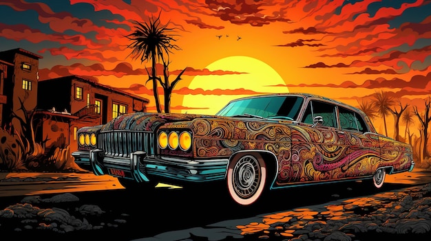 um carro antiquado em uma cena com o conceito de fantasia do pôr do sol Pintura de ilustração