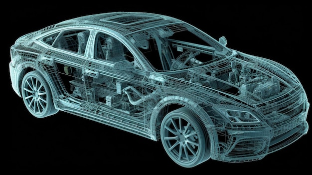 Um carro audi azul é mostrado com uma armação de arame.