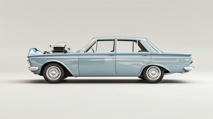 Foto um carro azul com um capuz que diz o carro do lado