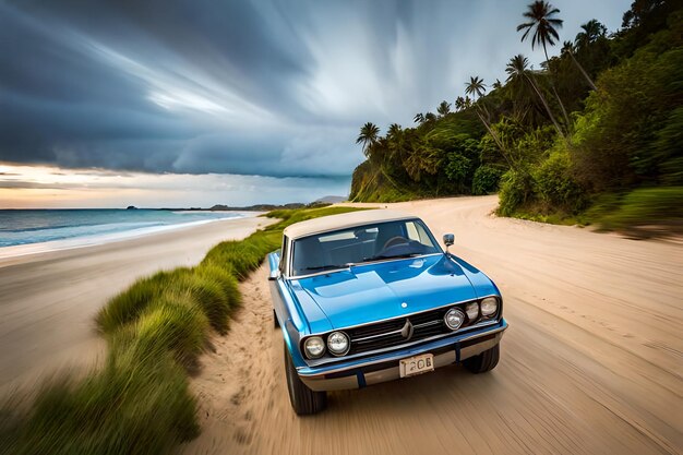 Um carro azul com uma placa que diz ford na frente.