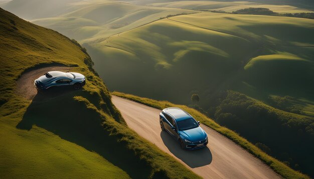 um carro azul dirige-se por uma estrada de campo com uma paisagem verde ao fundo