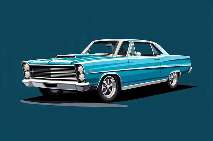 Foto um carro azul e branco com a palavra ford na frente.