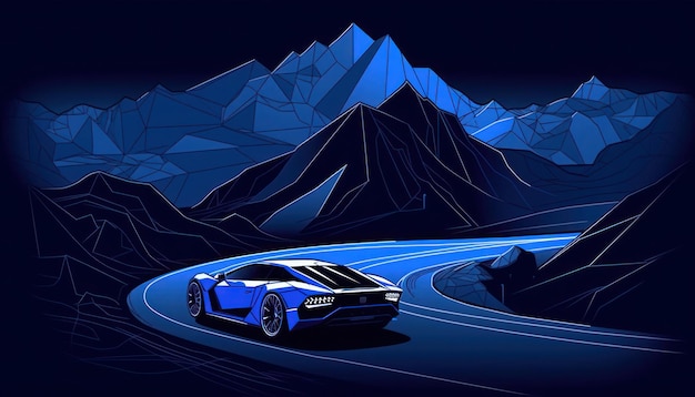 Um carro azul em uma estrada com montanhas ao fundo.