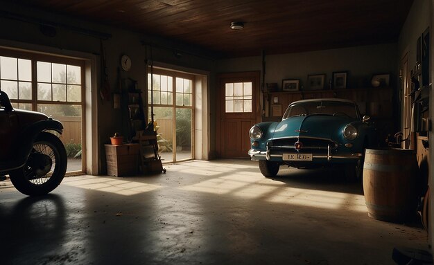 Foto um carro azul está estacionado em uma sala com uma janela que diz 