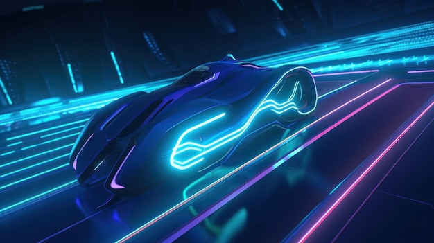 Um carro azul neon com a palavra velocidade ao lado