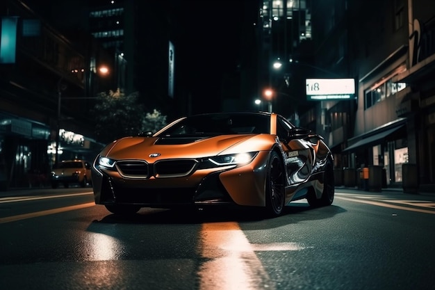 Um carro bmw em uma rua da cidade à noite