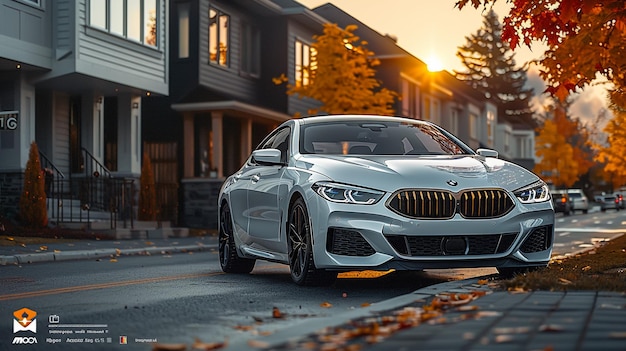 Foto um carro bmw prateado está dirigindo por uma rua com o sol brilhando no capô