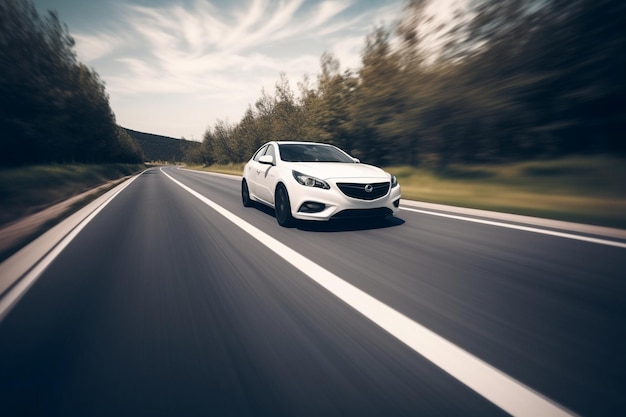 Um carro branco está dirigindo por uma estrada