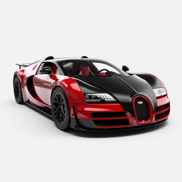 Um carro bugatti veyron vermelho e preto é mostrado.