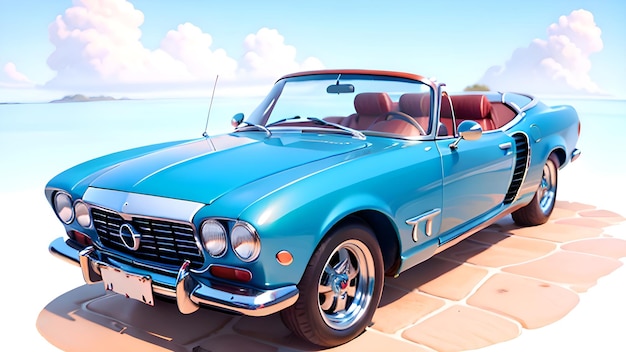 Um carro clássico azul e a praia