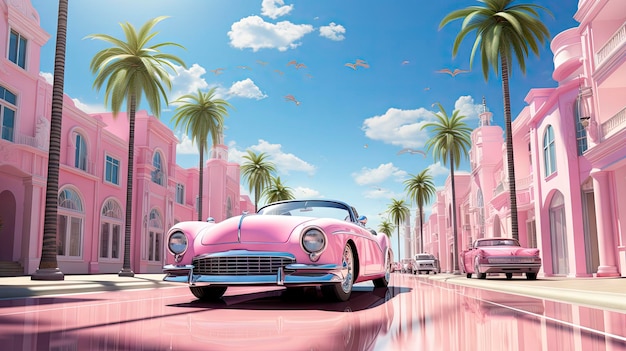 um carro clássico rosa está estacionado em uma rua com palmeiras ao fundo.