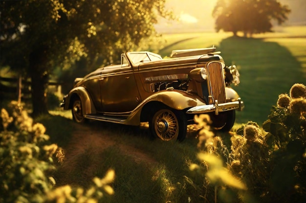 Foto um carro clássico vintage de luxo estacionado em meio a um cenário sereno