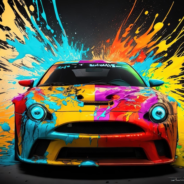 Um carro colorido com uma pintura de arco-íris é pintado na frente.