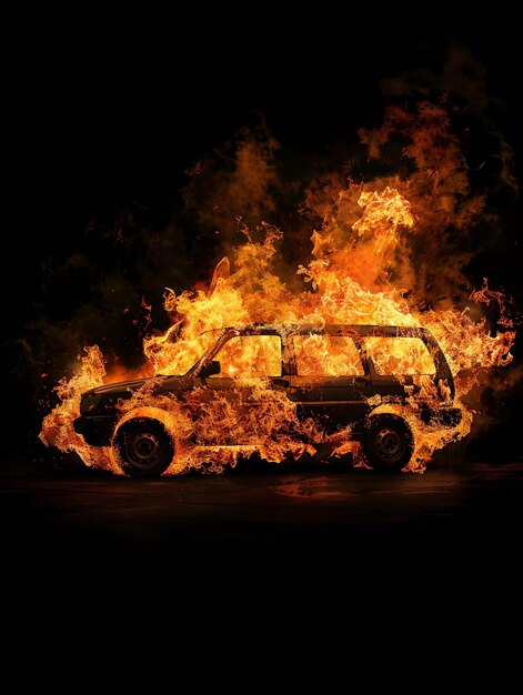 Um carro com a palavra "quot" está a arder em chamas.
