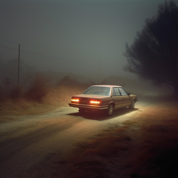 Foto um carro com as luzes acesas e a palavra 