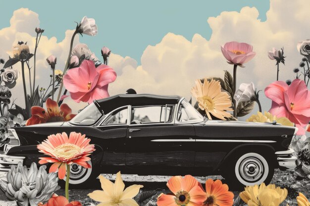 Um carro com flores e um carro com flores ao fundo