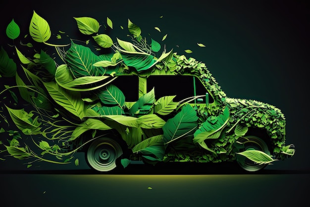 Um carro com folhas cobertas de folhas verdes.