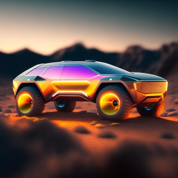 Um carro com luzes de néon que está em uma superfície deserta.