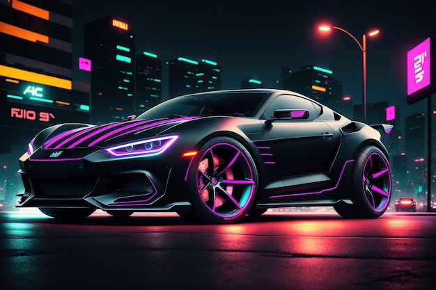 Um carro com luzes neon ao fundo