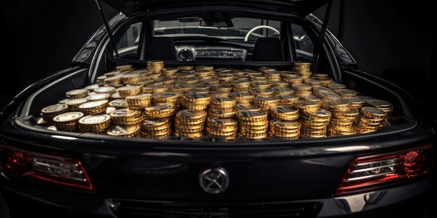 Um carro com moedas de ouro no porta-malas