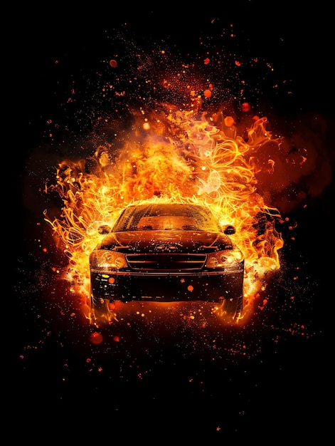 Um carro com um incêndio ao fundo que diz "O carro está a arder".