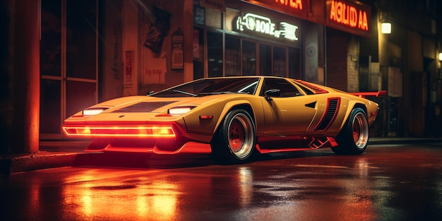 Um carro com um letreiro de neon que diz'lamborghini'