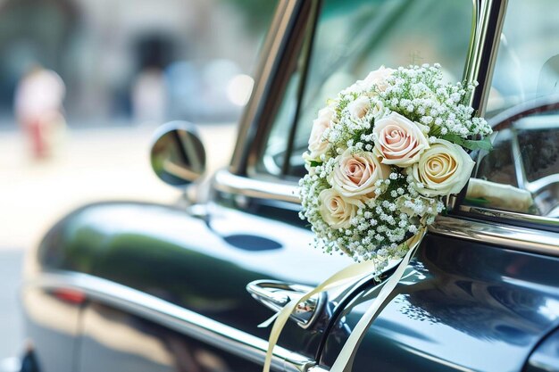 Foto um carro com um ramo de flores ao lado