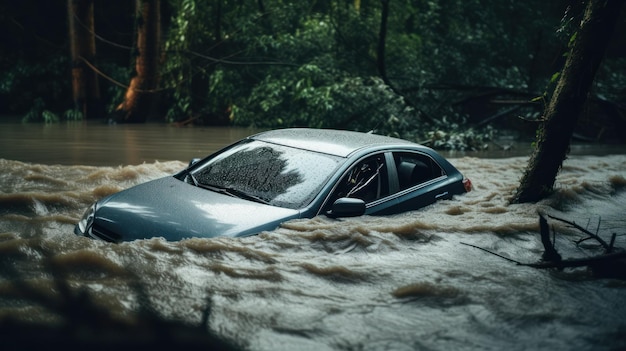 Foto um carro danificado levado pela inundação