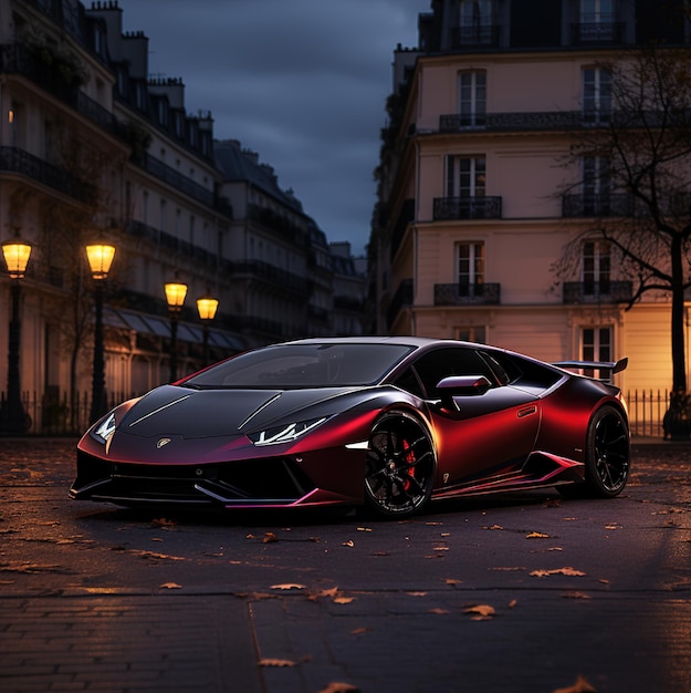um carro de aparência futurista está estacionado em uma rua à noite.