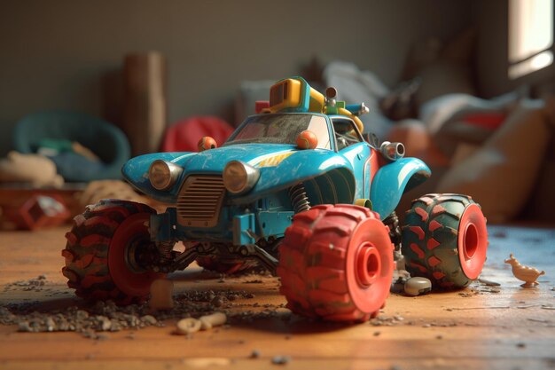 Um carro de brinquedo azul com um tanque vermelho e azul e um tanque azul.