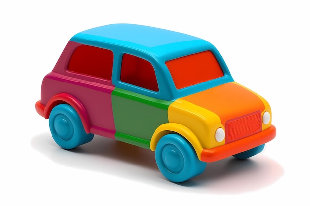 Um carro de brinquedo colorido com um fundo branco e uma faixa vermelha.