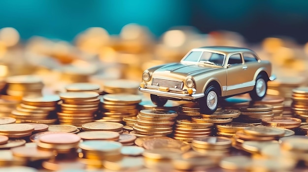 Um carro de brinquedo em cima de uma pilha de moedas