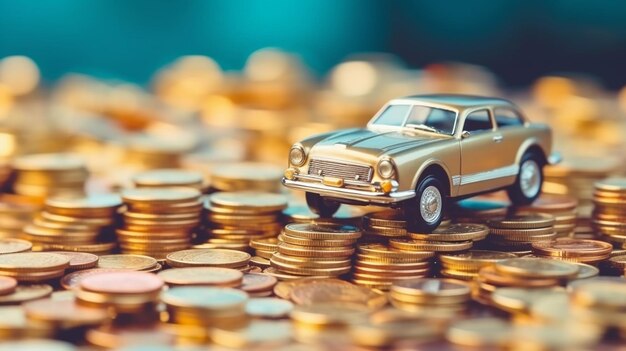 Um carro de brinquedo em cima de uma pilha de moedas