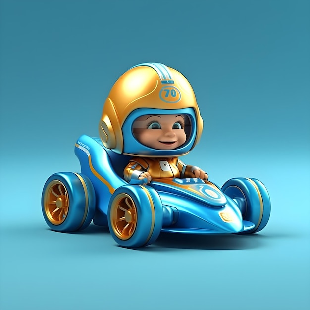 Um carro de corrida azul com um capacete azul