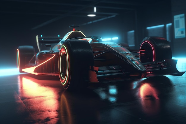 Um carro de corrida com luzes neon e um carro de corrida vermelho no escuro