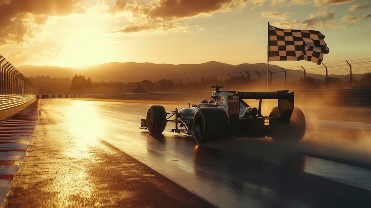 Foto um carro de corrida de fórmula 1 atravessando a linha de chegada ao pôr-do-sol