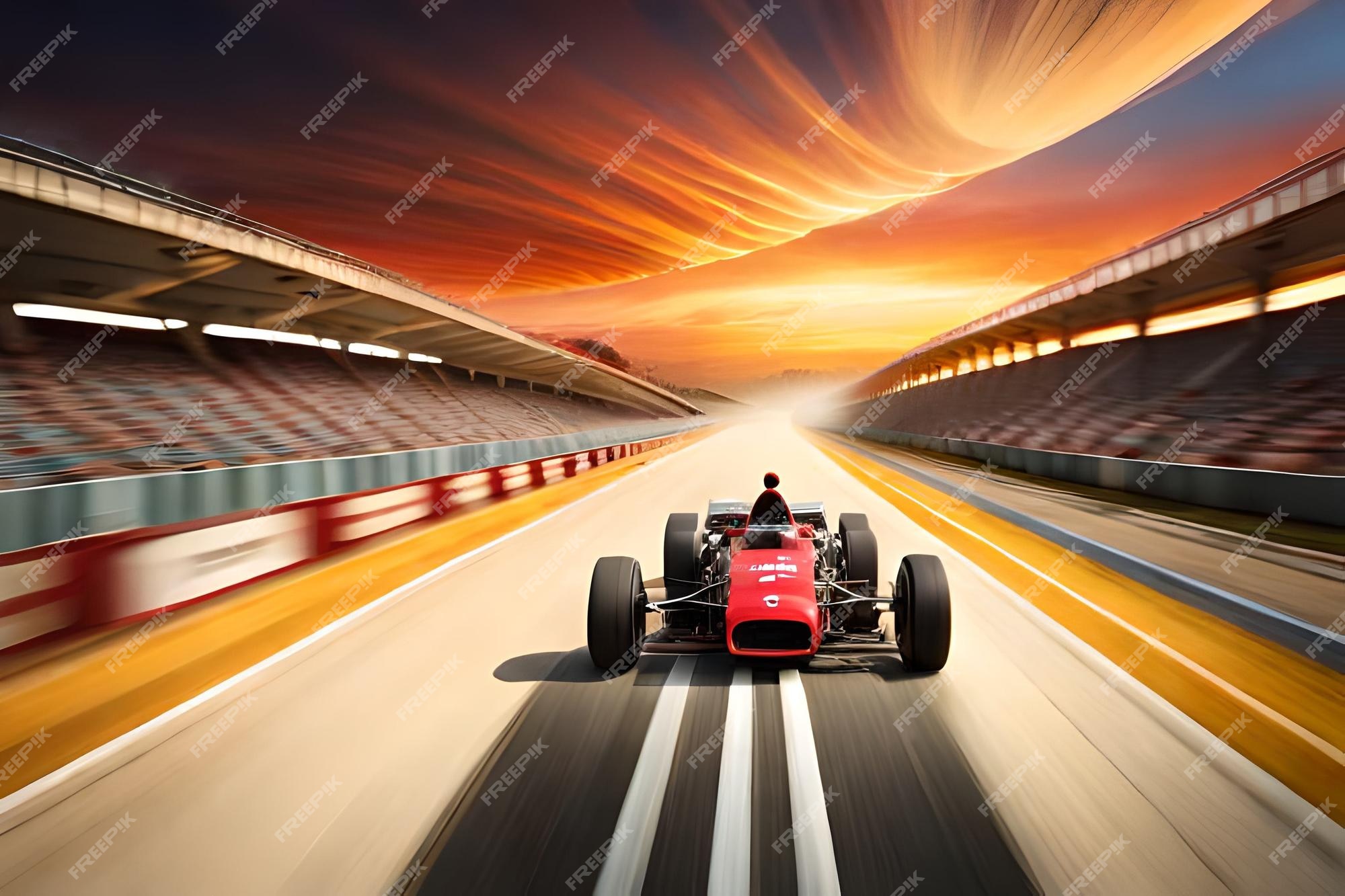 Crie dois carros de formula 1 disputando uma corrida com um por do sol ao  fundo