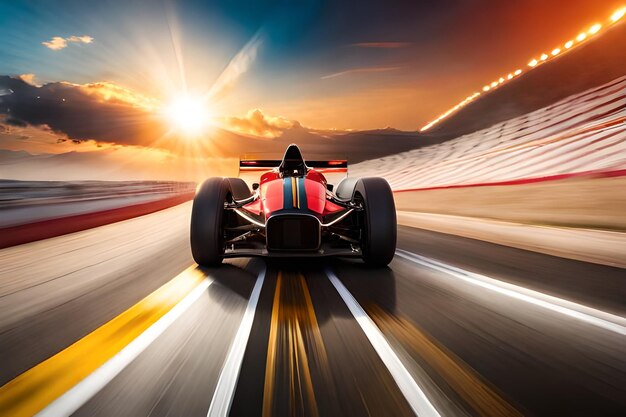 Crie dois carros de formula 1 disputando uma corrida com um por do sol ao  fundo