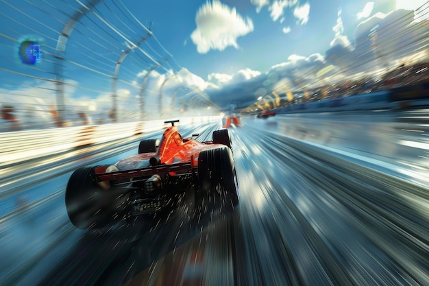 Foto um carro de corrida rápido zoomando através de retas de alta velocidade e navegando chicanes intensas em uma pista de corrida retas de elevada velocidade e chicanes estimulantes