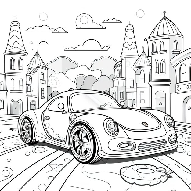 Foto um carro de desenho animado bonito para crianças colorindo com simplify line