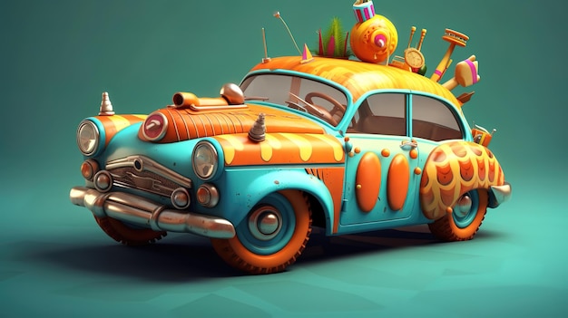 Foto um carro de desenho animado com um carro laranja e azul colorido e brilhante com muitas decorações no topo.