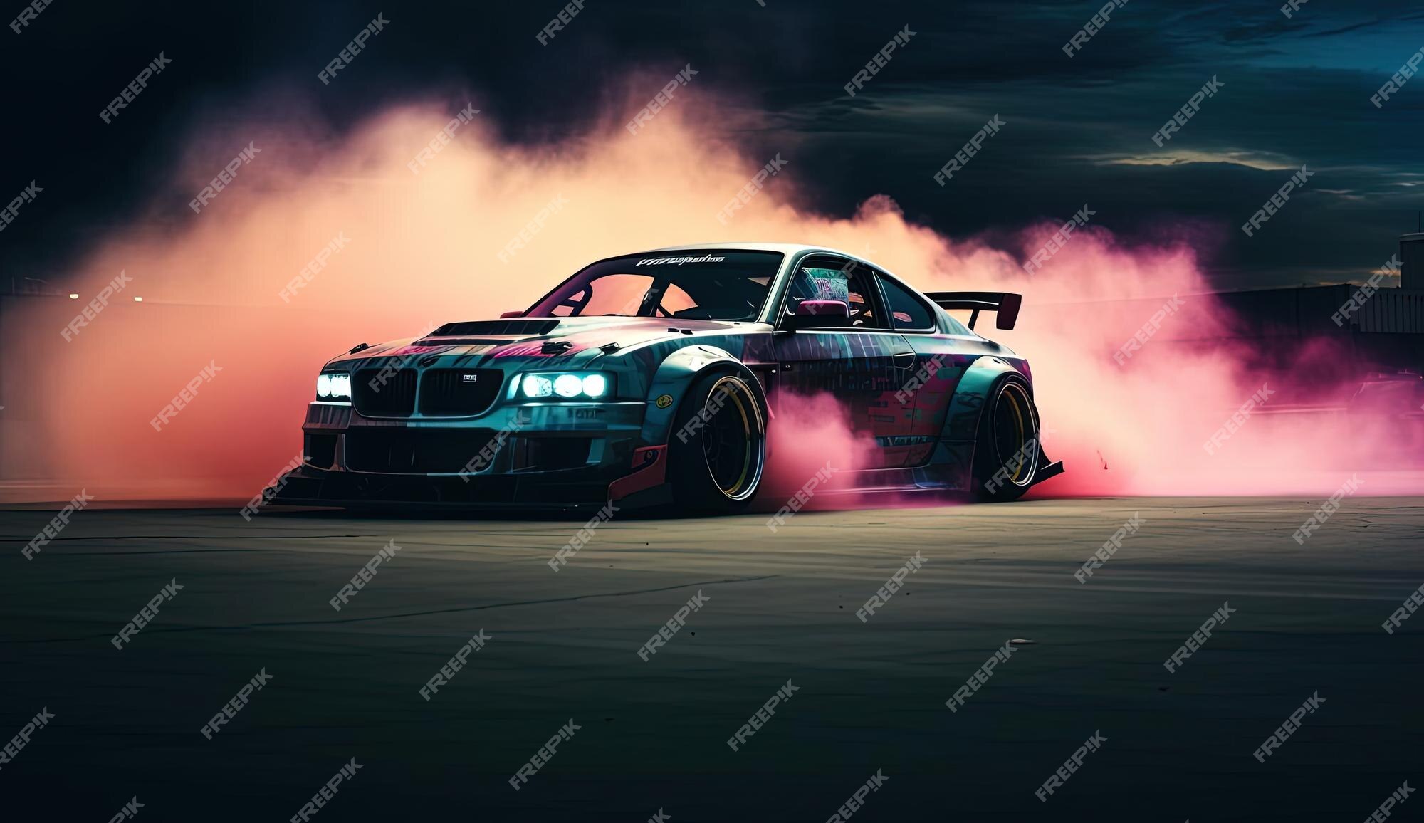 Um carro de drift com fumaça saindo no estilo de paleta de cores realista