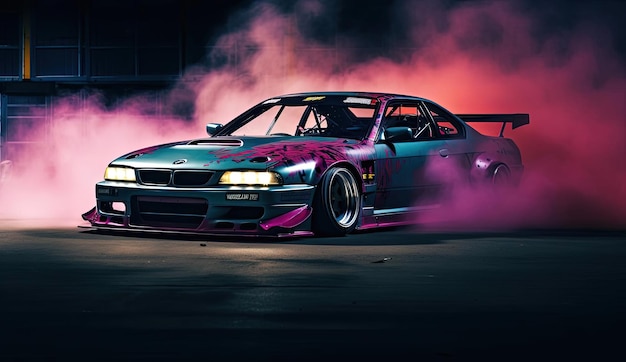 um carro de drift está dirigindo por uma pista com fumaça saindo no estilo de cores vibrantes